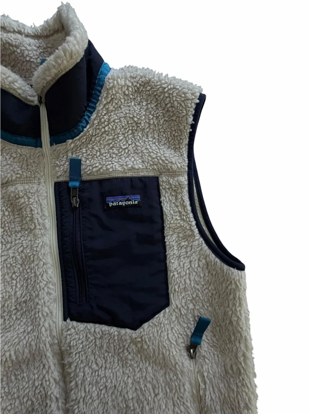Men’s Patagonia Cream Sherpa Vest with Navy Chest Pocket Size Medium